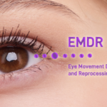 A woman's eye. looking slightly away from center. A text overlay reads, EMDR (Eye Movement Desensitization and Reprocessing)